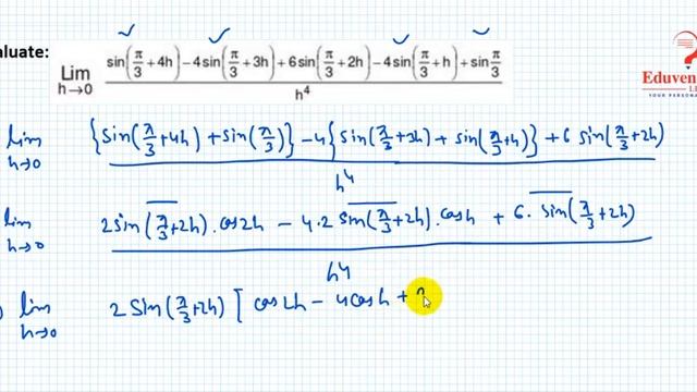 Evaluate: 〖lim〗┬(h→0) (sin(π/3+4h)-4sin(π/3+3h)+6sin(π/3+2h)-4sin(π/3+h)+sin π/3)/h^4 смотреть онлайн