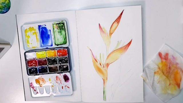 Watercolor sketch Heliconia flower. Квіти аквареллю. Как рисовать тропические цветы акварелью смотреть онлайн