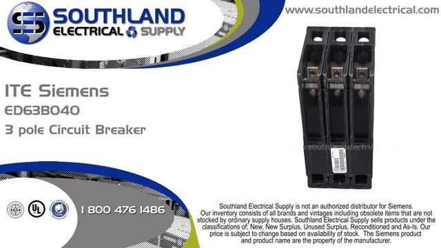 ITE Siemens ED63B040, 40 Amp, 600 Volt, 3 Pole Circuit Breaker смотреть онлайн