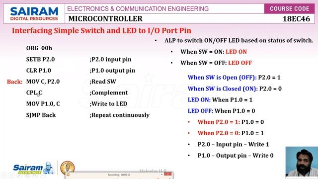 Lecture Video_18EC46_Module 3_11_Interfacing LED & Switch_Halesha H R смотреть онлайн