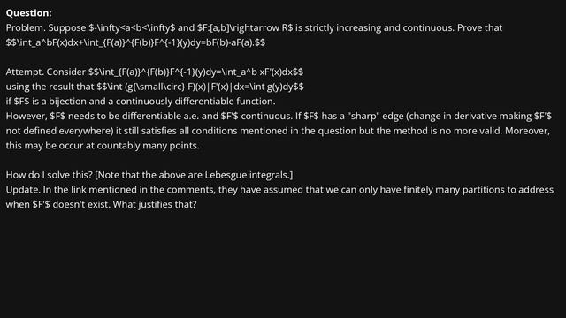 Show that $\int_a^bF(x)dx+\int_{F(a)}^{F(b)}F^{-1}dy=bF(b)-aF(a)$ смотреть онлайн