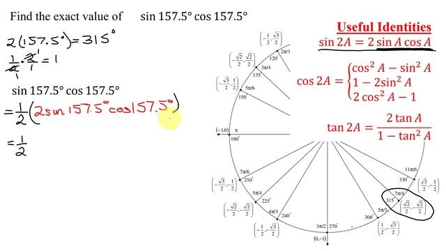 Find the Exact Value of Sin(157.5°)Cos(157.5°) Using Double Angle Identity for Sine and Unit Circle смотреть онлайн