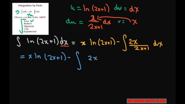 Integration by Parts ln (2x + 1) dx example 11. LIATE смотреть онлайн