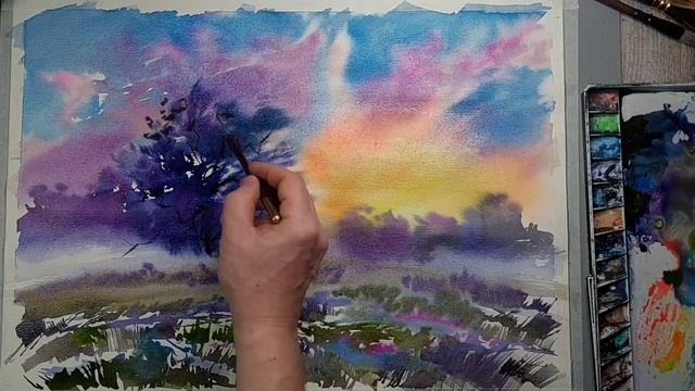 Летний вечер, пейзаж акварелью смотреть онлайн