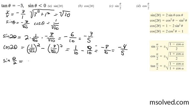 tan theta = -3, find the double and half angle for sine and cosine. смотреть онлайн