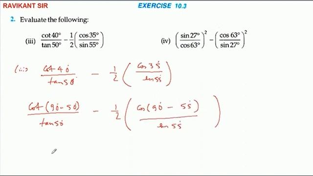Evaluate the following: (iii) cot 40°/tan 50° - 1/2 (cos 35°/sin 55°) смотреть онлайн