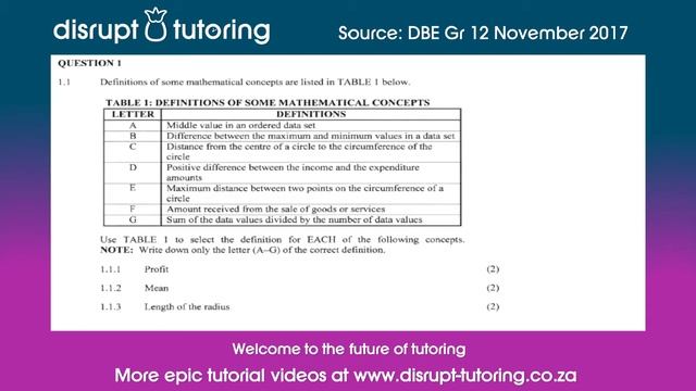 #628 Mathematical definitions median, range, radius, profit, diameter, revenue, mean