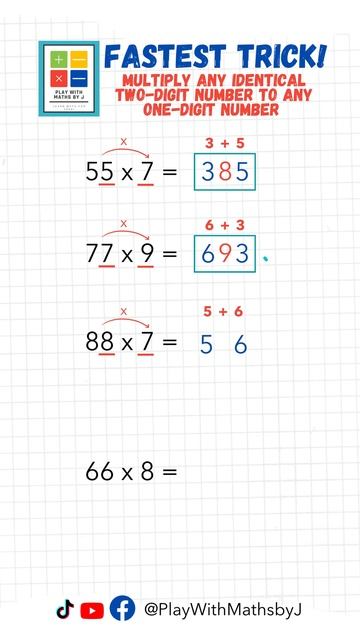MULTIPLY IDENTICAL TWO DIGIT NUMBER TO ANY ONE DIGIT NUMBER #math #mathtricks #shorts #shortsvideo