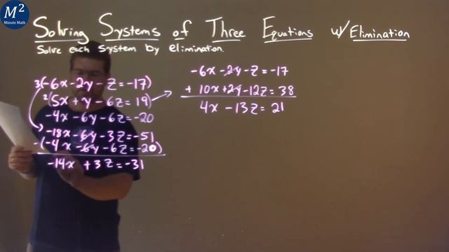 Solve -6x-2y-z=-17, 5x+y-6z=19, -4x-6y-6z=-20 By Elimination