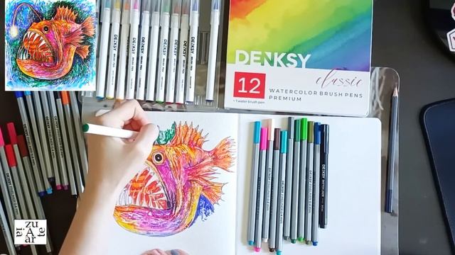 Учимся рисовать Акварельными маркерами и Цветными линерами / Рисуем рыбу фонарь смотреть онлайн