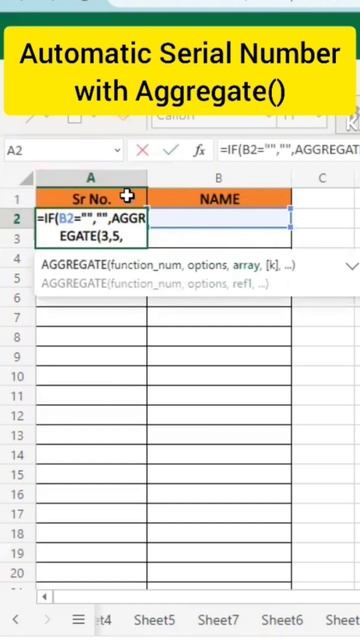 Automatic Serial Number With Aggregate() #shorts #excel #googlesheets #trending #tips