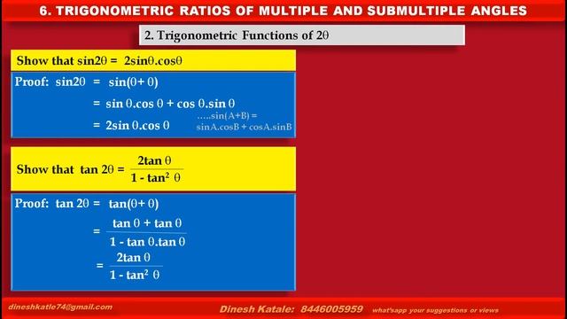 Trigonometric Functions Of 2A --Formulae Of Sin 2A, Cos 2A, Tan 2A With Proof