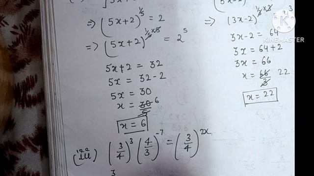 1)(5x+2)⅕=2 (2)(3x-3)⅓=4 3)(3/4)³(4/3)^(-7)=(3/4)^2x (4)5^(x-3)×3^(2x-8)=225 (5)3^3x.3^2x/3^x=(3²⁰)