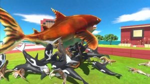 Dinosaurs revolt battle with Godzilla 2014 + Indominus Rex + Giganotosaurus VS Team Megalodon Rex