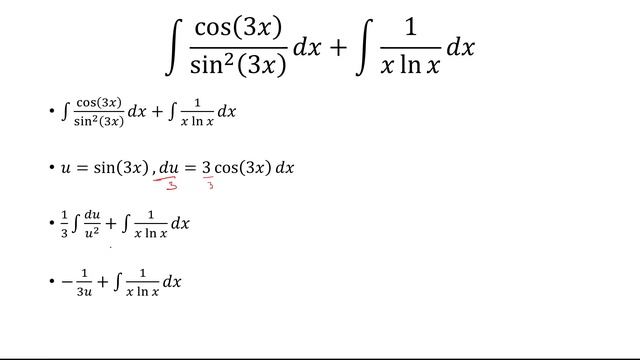 Integral of cos(3x)/sin^2(3x) + Integral 1/(xlnx) смотреть онлайн
