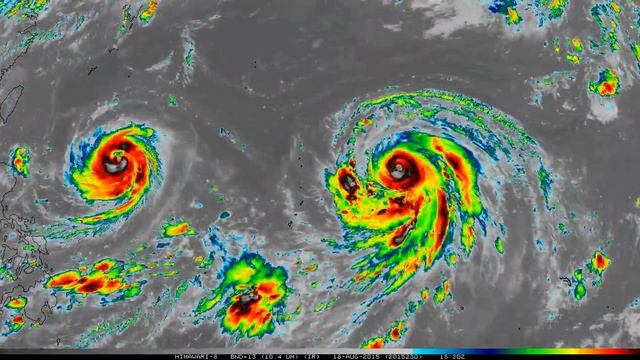 Typhoons Goni and Atsani, Himawari-8 data (10.35 micron) смотреть онлайн