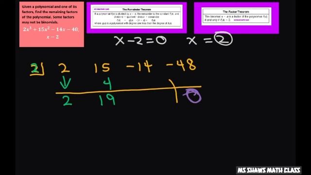 Given polynomial 2x^3 +15x^2 -14x -14 and factor (x-2) find remaining factors. Synthetic Division смотреть онлайн