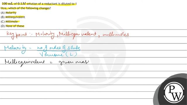 \( 100 \mathrm{~mL} \) of \( 0.1 M \) solution of a reductant is diluted to 1 litre, which of th... смотреть онлайн