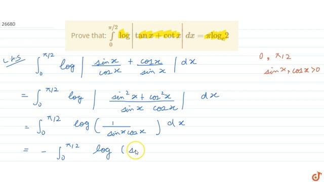JEE MAINS 2018 Prove
  That:
`int_0^(pi//2)log|tanx+cotx|dx=pi(log)_e2`