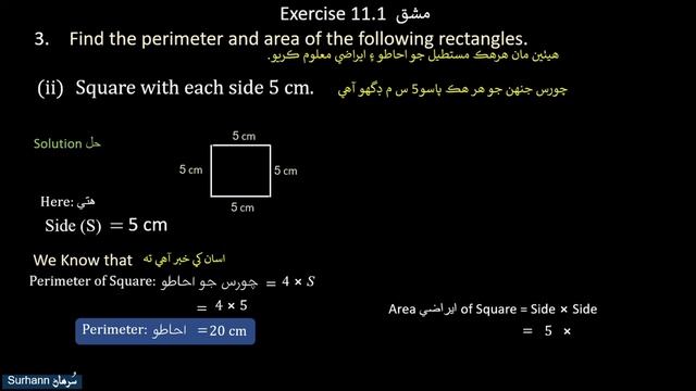 Perimeter And Area Exercise 11.1 Q  2 To 6, Unit 11, Math Class Six, Sindh Text
