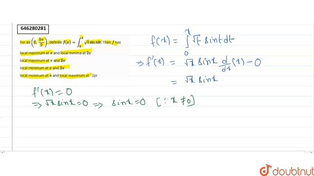 If `f(x)= int_(0)^(x)t sin t dt`, then `f'(x)` is |Class 12 MATH | Doubtnut смотреть онлайн