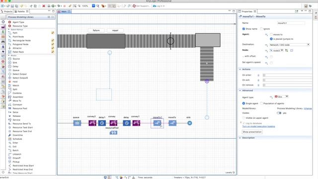 Transitions between normal network and conveyor network - Material Handling Library - AnyLogic смотреть онлайн