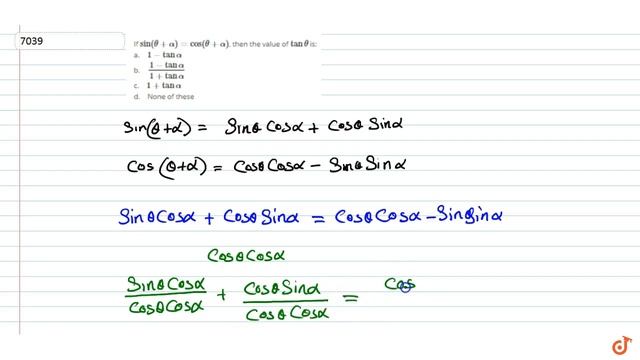 If `sin(theta + alpha)=cos(theta+alpha)`, then the value of `tan theta` is: ltbr gt
a. &nbsp;... смотреть онлайн