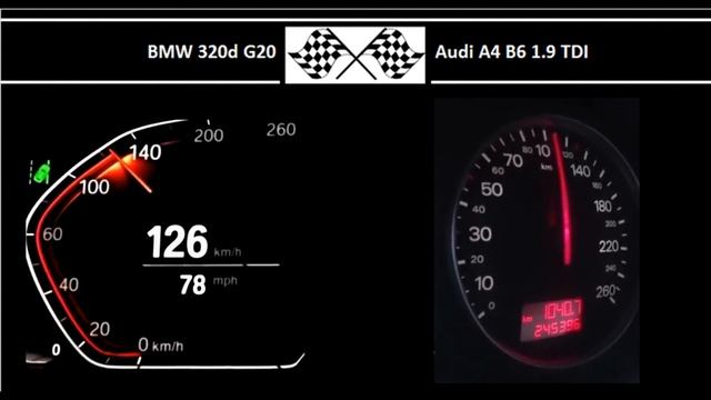 BMW 320d G20 VS. Audi A4 B6 1.9 TDI - Acceleration 0-100km/h смотреть онлайн