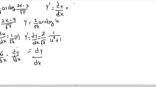 DERIVADAS 00002. REGLA DE LA CADENA 001. DERIVAR arctg ((2x-3)/raíz(7)) смотреть онлайн