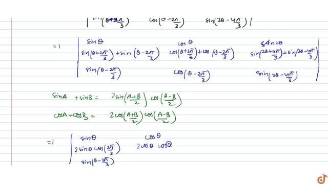 JEE MAINS 2018 The Value Of The Determinant `|[sintheta, Costheta, Sin2theta] , [sin(theta+(2pi)...