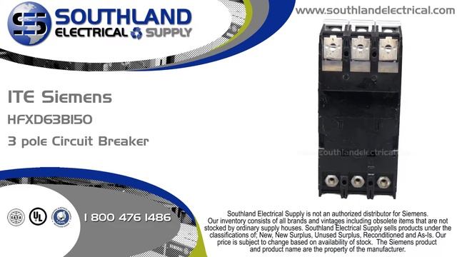 ITE Siemens HFXD63B150, 150 Amp, 600 Volt, 3 Pole Circuit Breaker смотреть онлайн