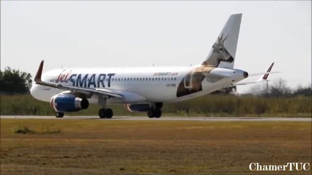 JetSMART Argentina - Airbus A320-232 (LV-HEK) "Huemul livery" take off at Tucumán airport смотреть онлайн