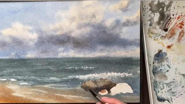 Рисую морской пейзаж с облаками. Видео без ускорения.  #seascape #watercolor #морскойпейзаж