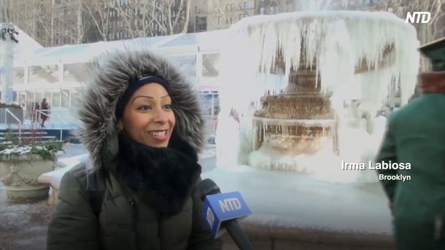 New York's Bryant Park Fountain Freezes In Below 10 Degree Temperature