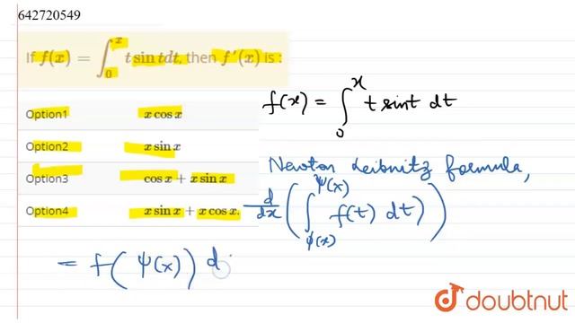If `f(x)=int_(0)^(x)t sin t dt`, then `f'(x)` is |Class 12 MATH | Doubtnut смотреть онлайн