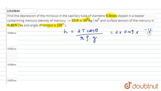 Find the depression of the miniscus in the capillary tube of diametre `0.4mm` di смотреть онлайн