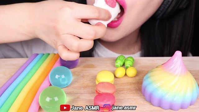 ASMR RAINBOW PARTY *UNICORN JELLY NOODLES, JELLO BALLS, RAIN DROP JELLY 무지개 유니콘 젤리 먹방 JANE ASMR 제인