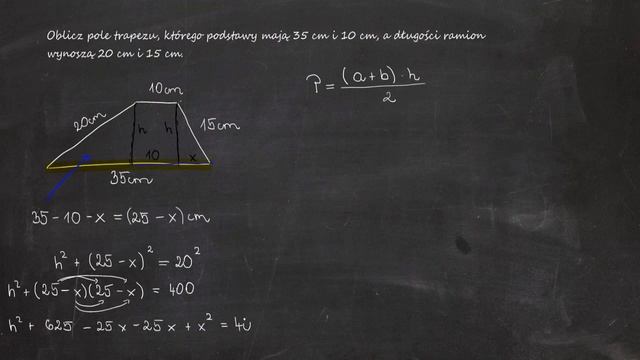 Oblicz pole trapezu, którego podstawy mają 35 cm i 10 cm, a długości ramion wynoszą 20 cm i 15 cm. смотреть онлайн