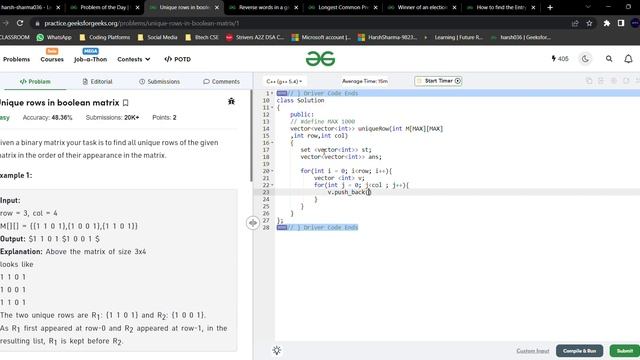 Unique rows in boolean matrix | POTD | 25 June #gfg #sourcecode #potd #easysolution #C++ смотреть онлайн