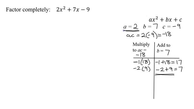 Factor the Trinomial 2x^2+7x-9 With No GCF & Leading Coefficient a=2 Using ac (or Grouping) Method смотреть онлайн