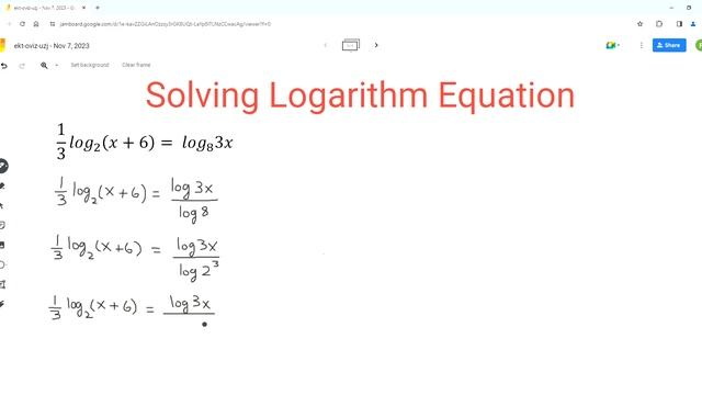 LOGARITHM EQUATION: (1/3)log(2) (x + 6) = log(8) (3x) смотреть онлайн