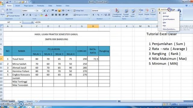 Tutorial excel dasar ( cara menggunakan SUM,Avarage,Rank,Max dan Min) смотреть онлайн