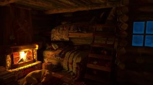 Крепкий сон  - Уютная зимняя изба со снегопадом, шумом ветра, камином