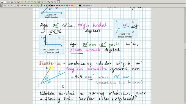Burchak Turlari. To'g'ri, O'tkir Va O'tmas Burchaklar. Bissektrisa. Geometriya 7-sinf. 7-dars