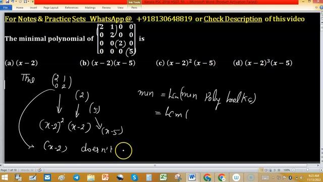Osaka University Kerala PSC 2016 HSST Minimal Polynomial Jordan Block Matrix Linear Algebra