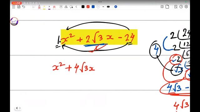 Polynomial X Square + 2 Root 3 X Minus 24 Solution