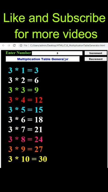 HTML, CSS And JavaScript Code To Print Multiplication Table #shorts