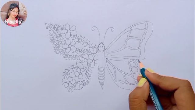 Easy Way To Draw A Butterfly || Butterfly And Flower || Butterfly Pencil Drawing With Color