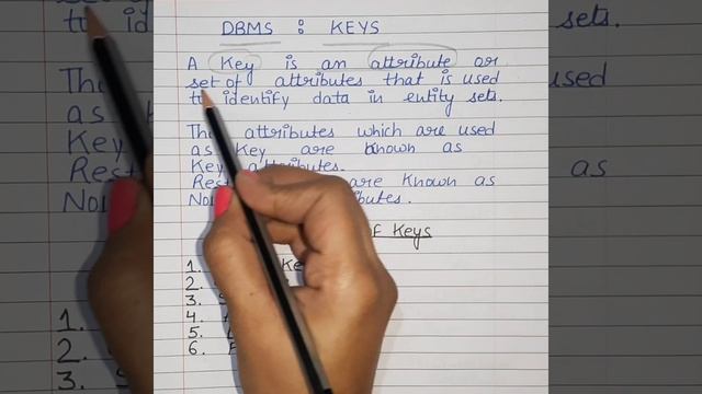 Keys In Dbms | Dbms Tutorial For Beginners | Primary Key | Secondary Key | #shorts #dbms #short