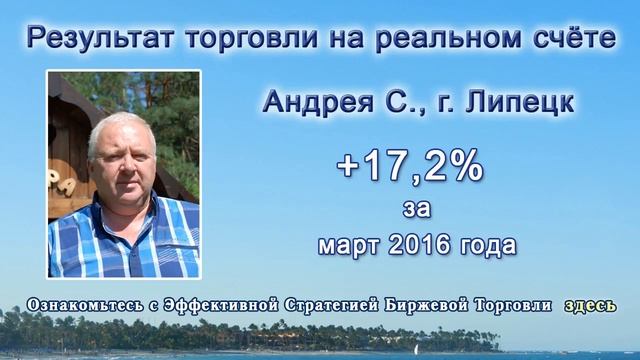 Результат торговли на реальном счете. Март 2016г. Андрей С., г. Липецк